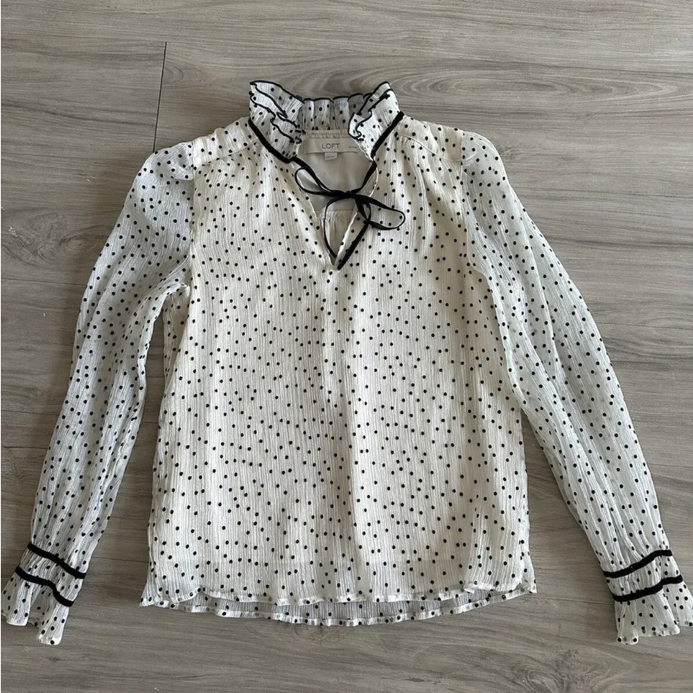 Ann Taylor LOFT Women's XXSP Polka Dot Ruffle Long Sleeve Blouse White & Black